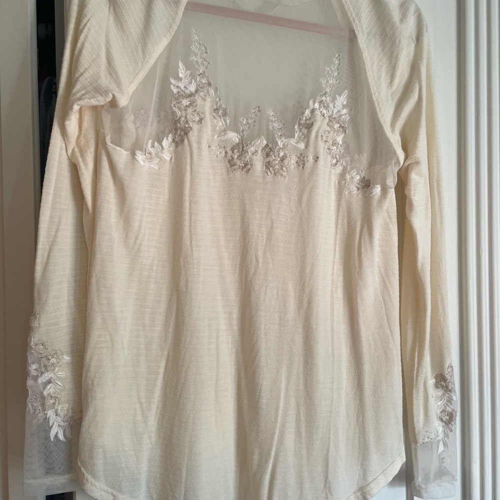Free People Cream Mesh Lace Embroidered Top NWOT XS